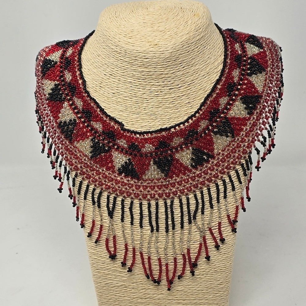 Vtg Kenneth Jay Lane beaded necklace women red black geometric fringe Statement